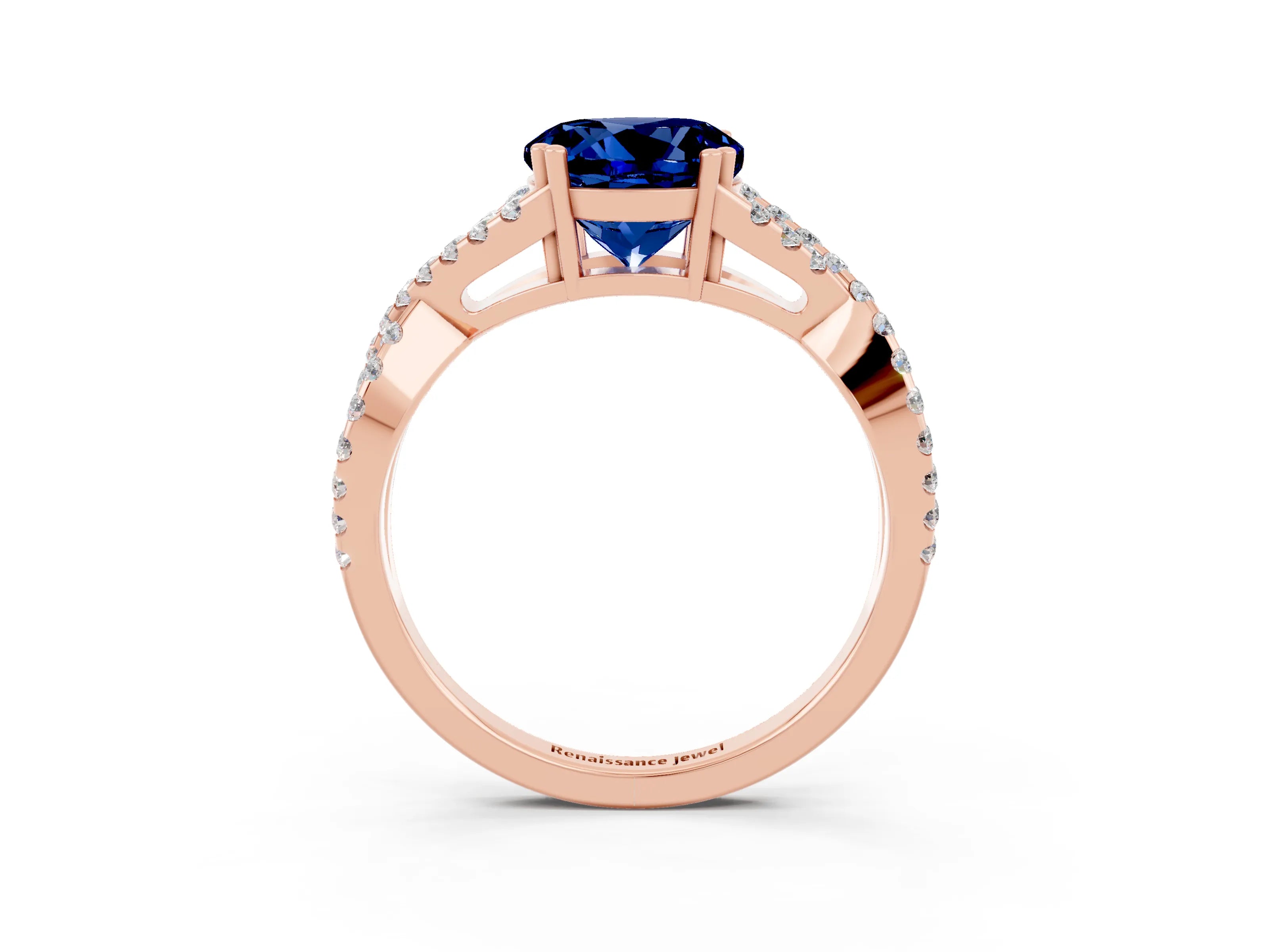 Rose gold Round Cut Blue Sapphire Solitaire Ring with Four-Prong Setting and Twisted Pavé Band_3