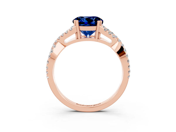Rose gold Round Cut Blue Sapphire Solitaire Ring with Four-Prong Setting and Twisted Pavé Band