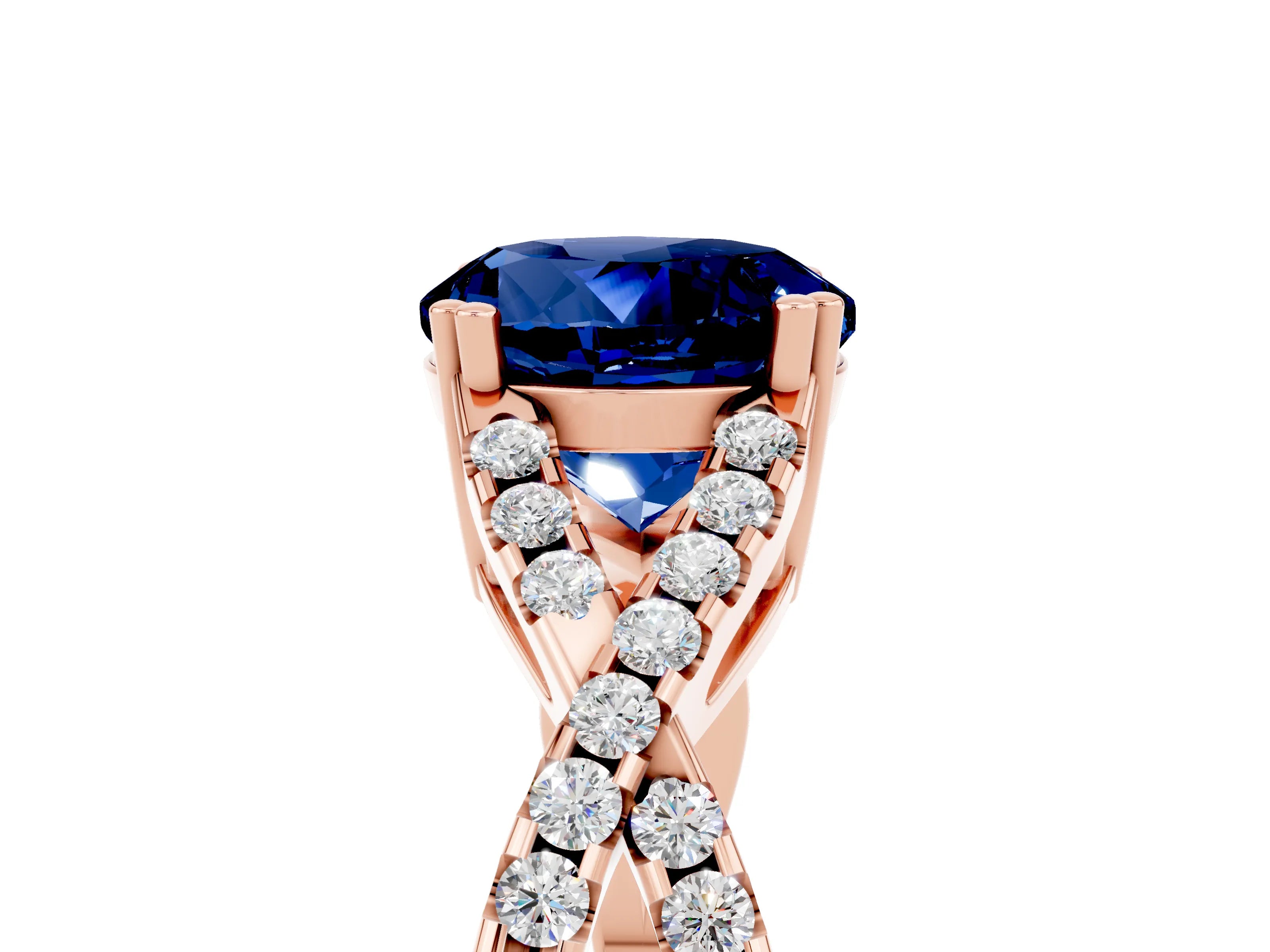 Rose gold Round Cut Blue Sapphire Solitaire Ring with Four-Prong Setting and Twisted Pavé Band_5