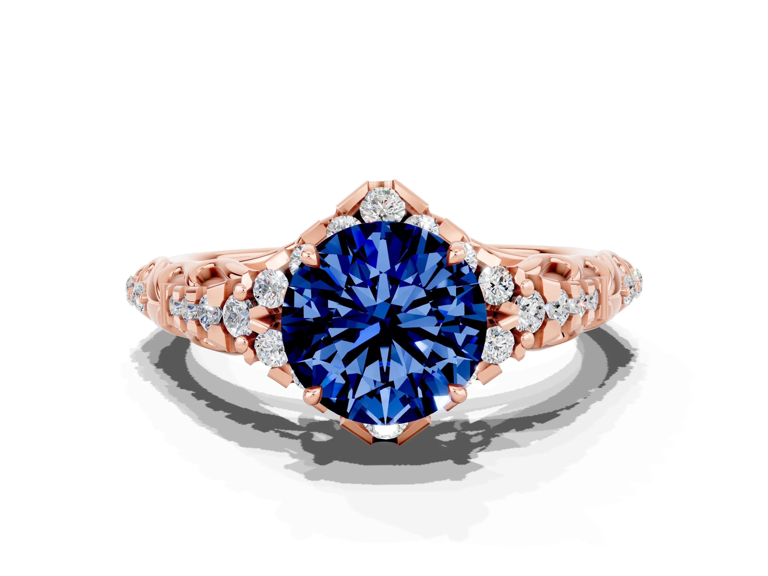 Rose gold Round Cut Blue Sapphire Solitaire Ring with Hidden Halo and Pavé Band_12