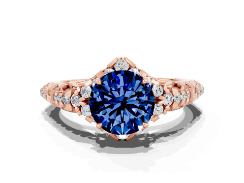 Rose gold Round Cut Blue Sapphire Solitaire Ring with Hidden Halo and Pavé Band_12