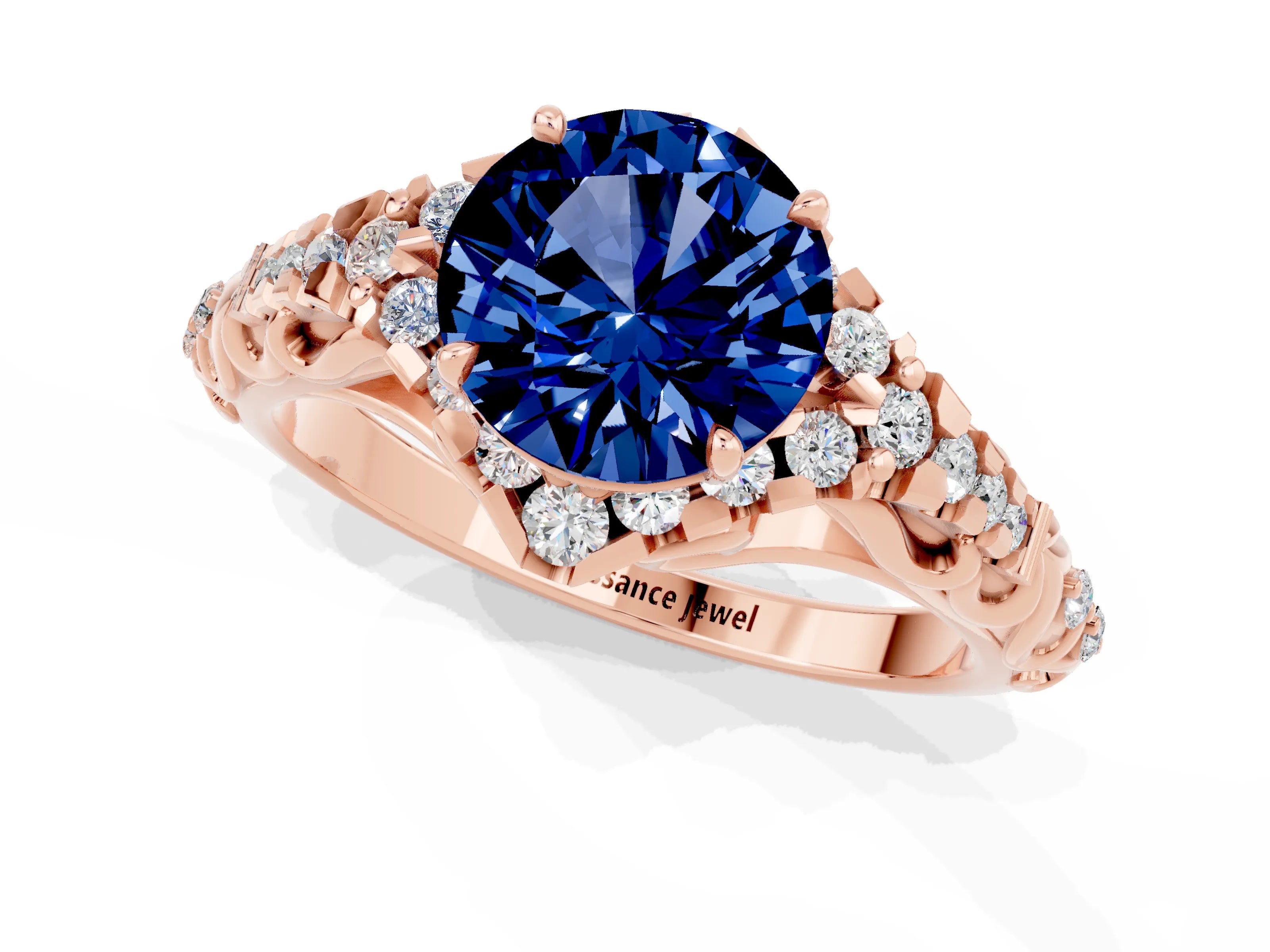 Rose gold Round Cut Blue Sapphire Solitaire Ring with Hidden Halo and Pavé Band_13