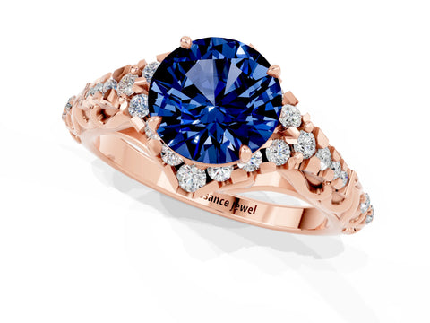 Rose gold Round Cut Blue Sapphire Solitaire Ring with Hidden Halo and Pavé Band_13