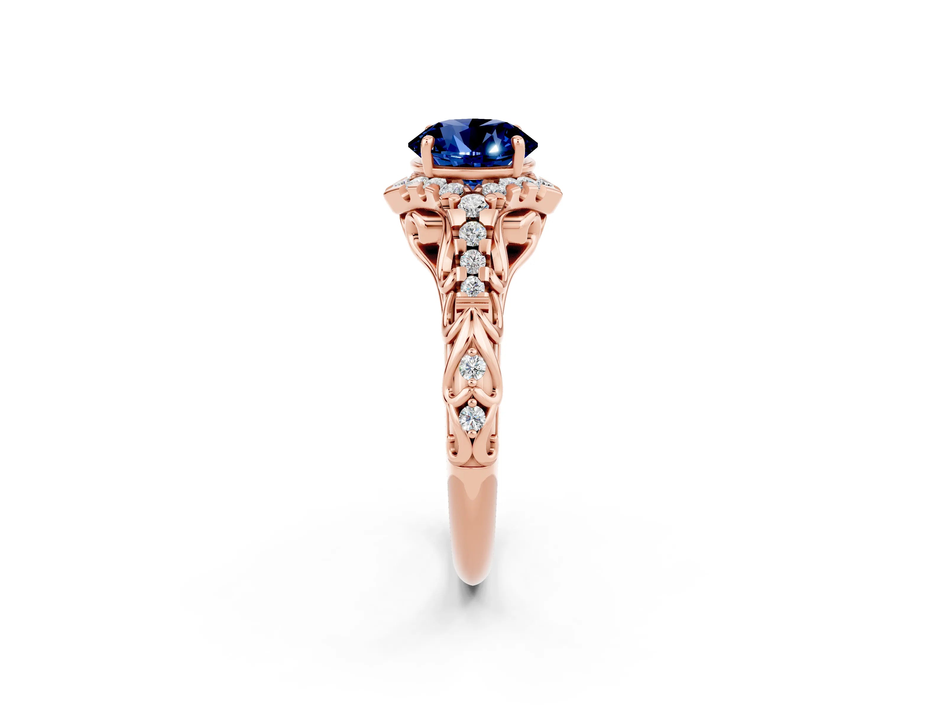 Rose gold Round Cut Blue Sapphire Solitaire Ring with Hidden Halo and Pavé Band_14