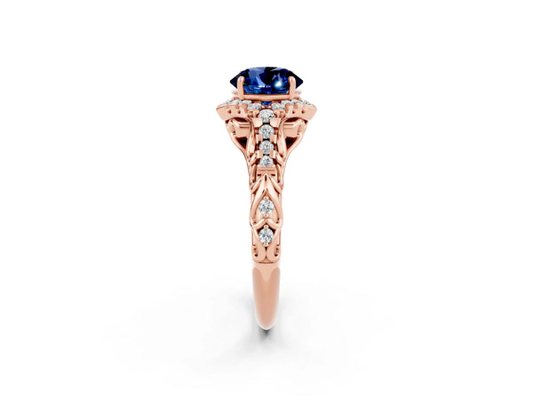 Rose gold Round Cut Blue Sapphire Solitaire Ring with Hidden Halo and Pavé Band