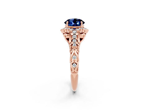 Rose gold Round Cut Blue Sapphire Solitaire Ring with Hidden Halo and Pavé Band_14
