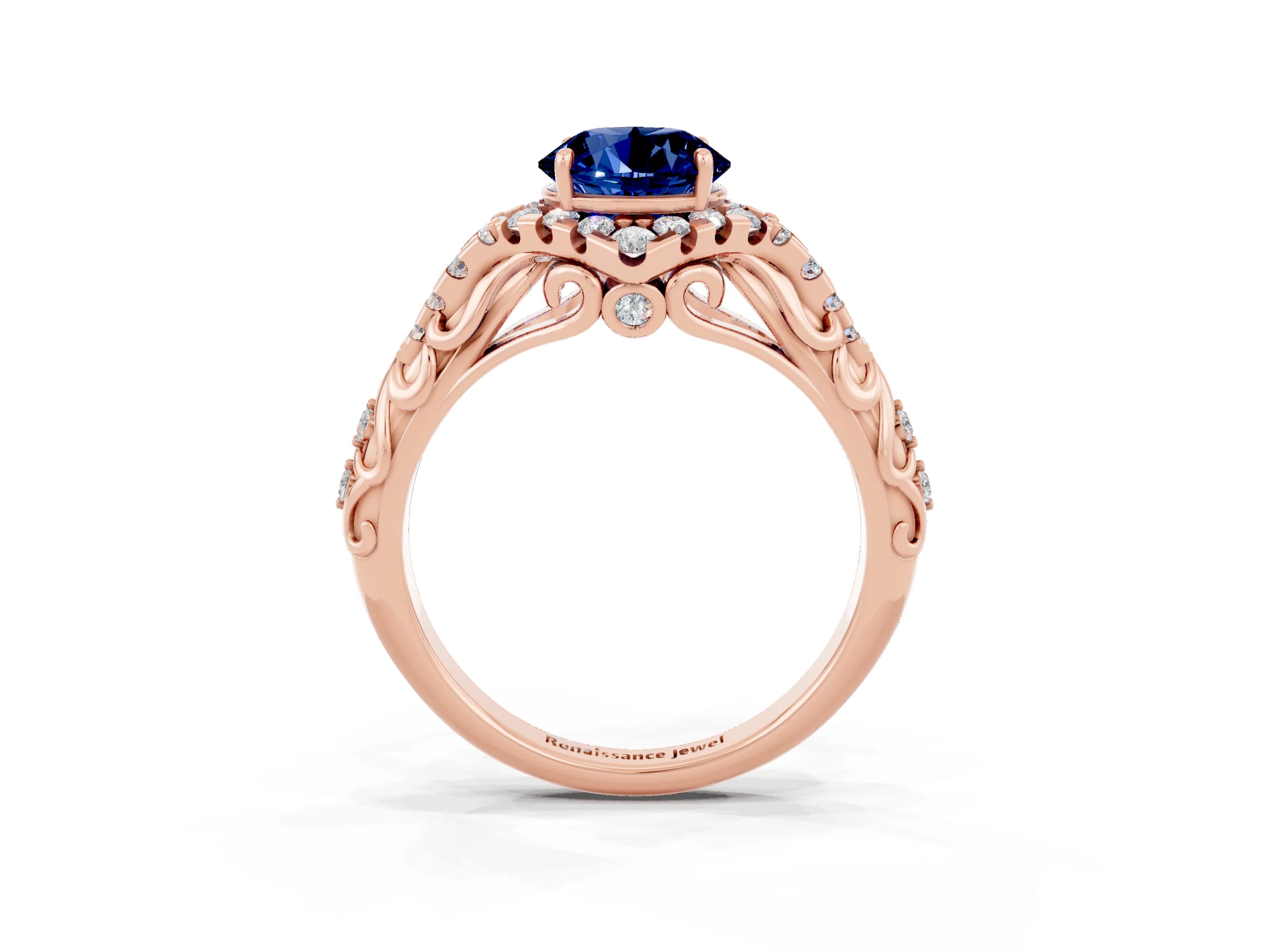 Rose gold Round Cut Blue Sapphire Solitaire Ring with Hidden Halo and Pavé Band_15