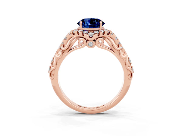 Rose gold Round Cut Blue Sapphire Solitaire Ring with Hidden Halo and Pavé Band