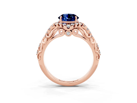 Rose gold Round Cut Blue Sapphire Solitaire Ring with Hidden Halo and Pavé Band_15
