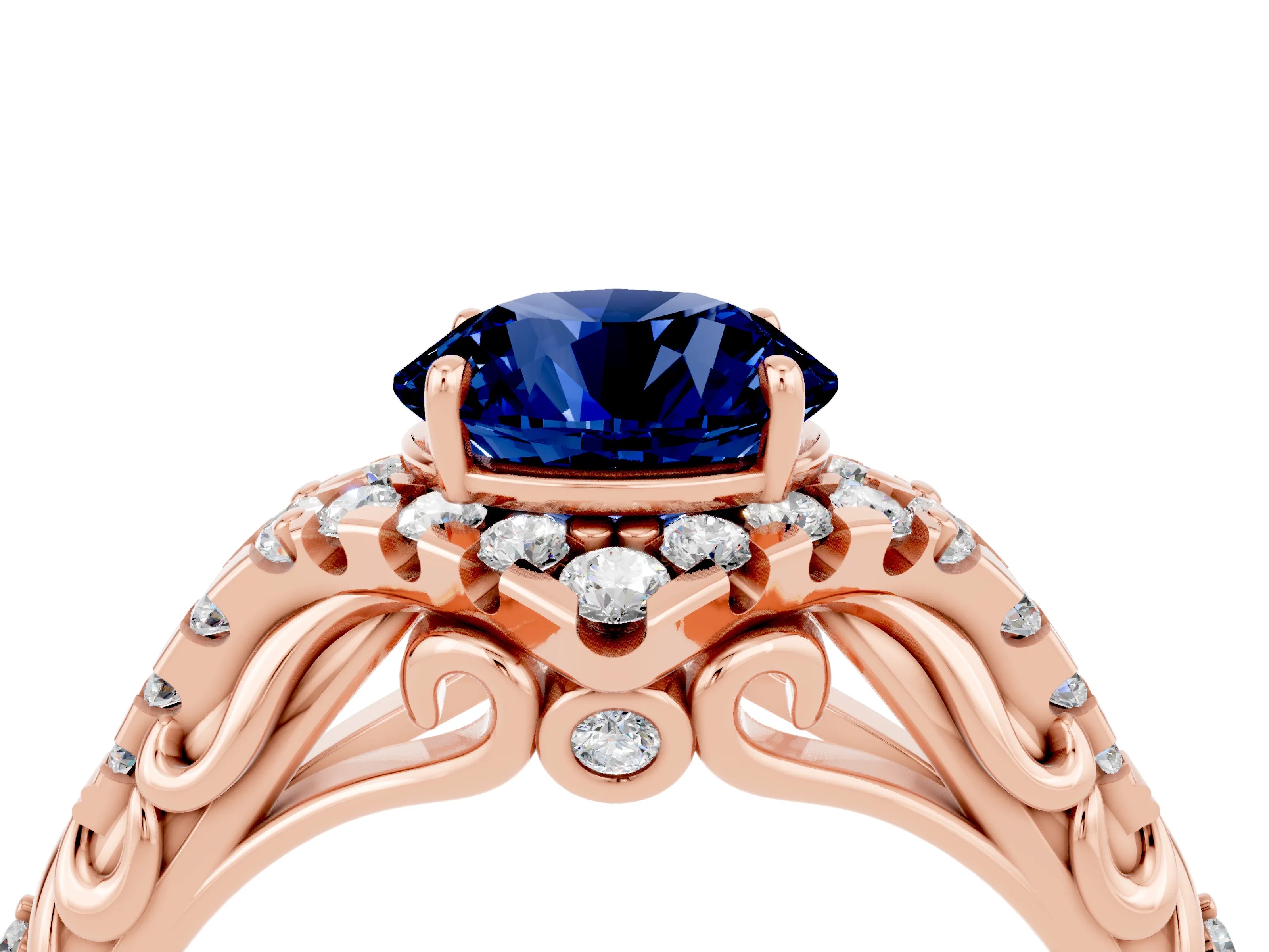 Rose gold Round Cut Blue Sapphire Solitaire Ring with Hidden Halo and Pavé Band_16