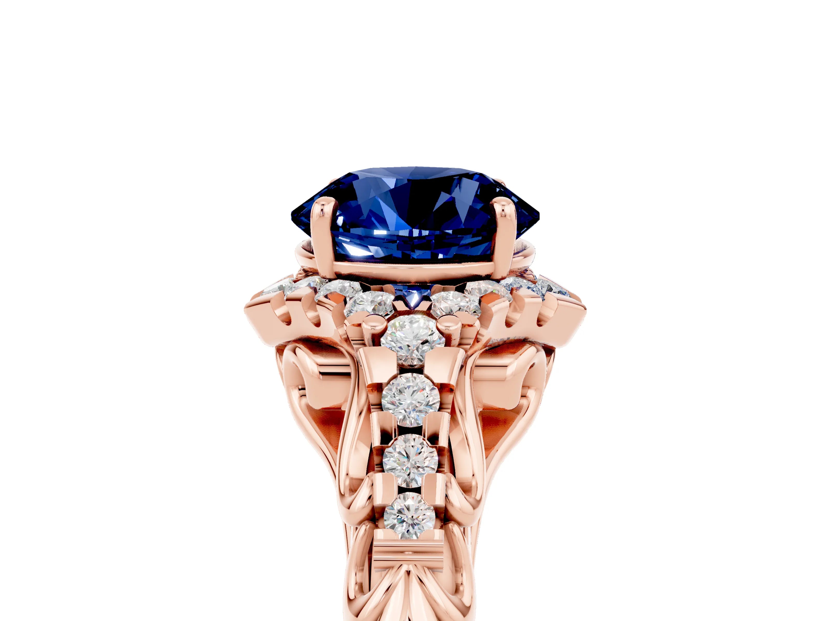 Rose gold Round Cut Blue Sapphire Solitaire Ring with Hidden Halo and Pavé Band_17