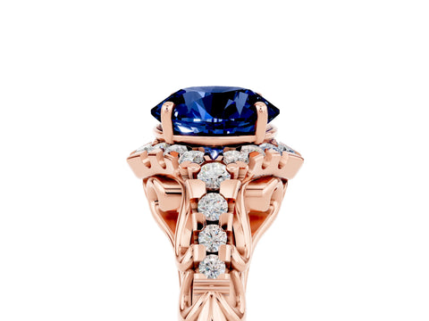 Rose gold Round Cut Blue Sapphire Solitaire Ring with Hidden Halo and Pavé Band_17