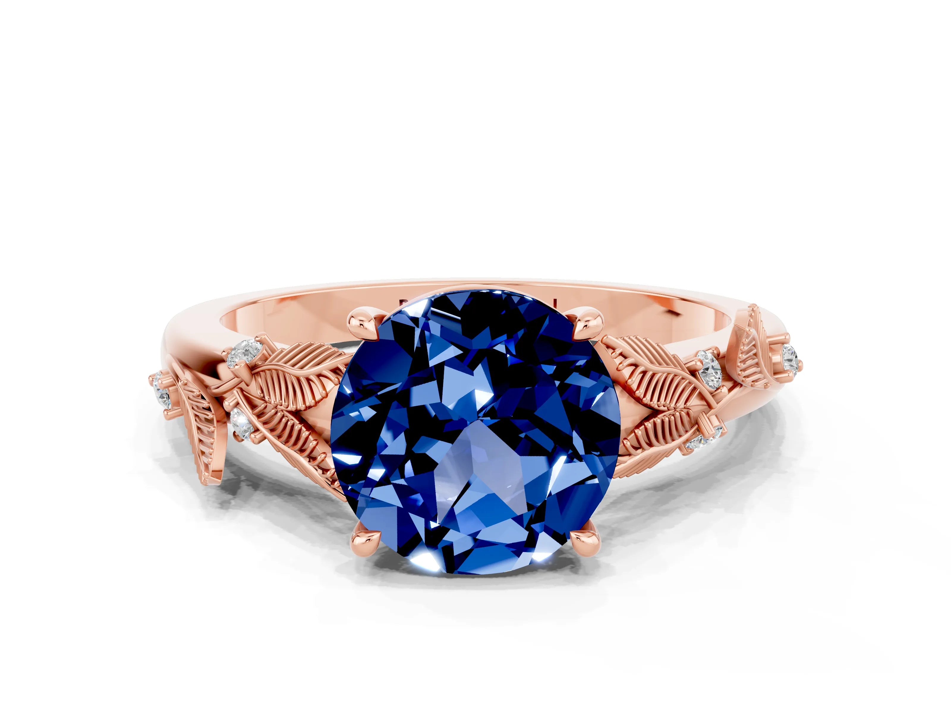 Rose gold Round Cut Blue Sapphire Solitaire Ring with Leaf Motif Band and Four-Prong Setting
