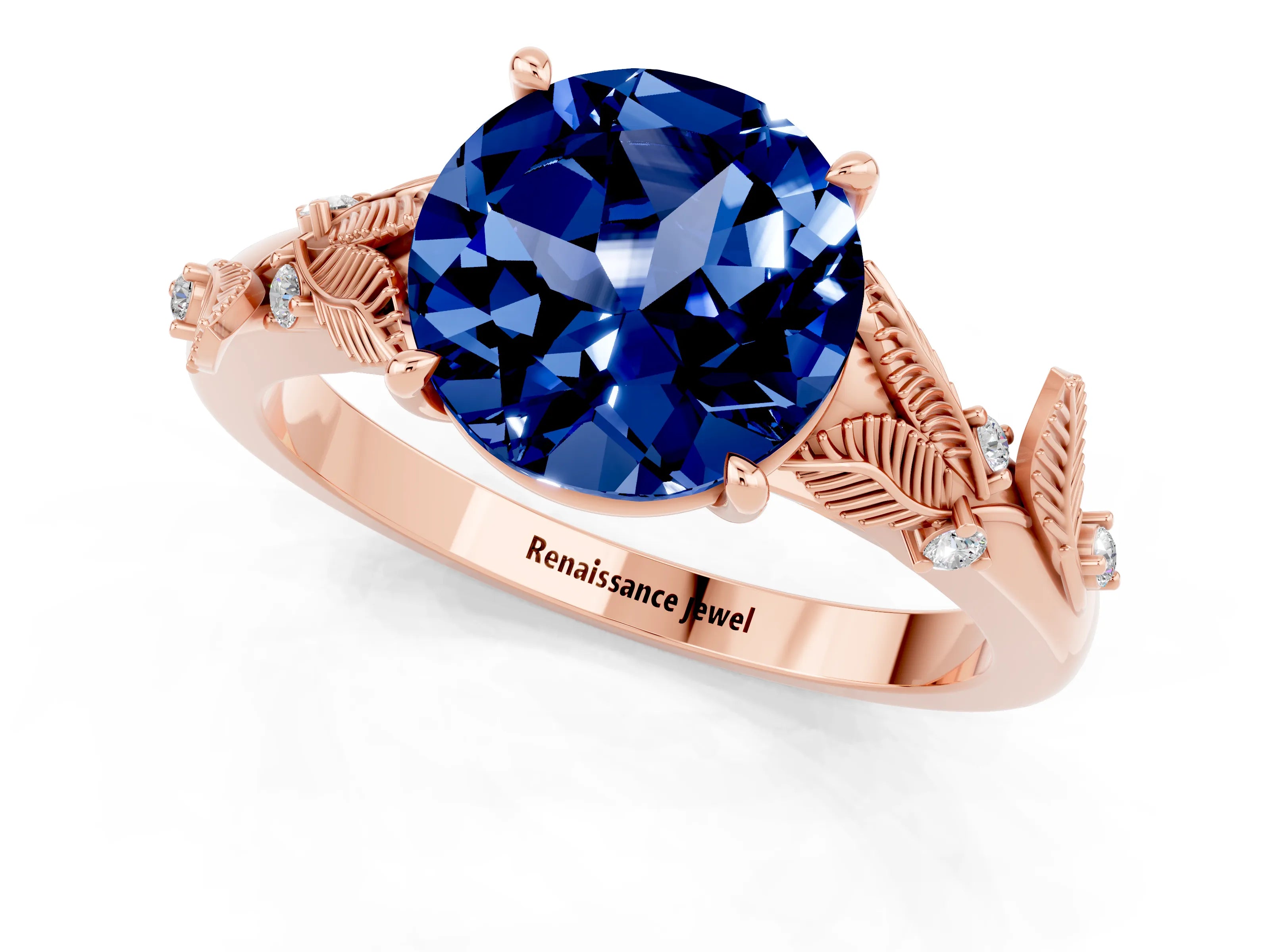 Rose gold Round Cut Blue Sapphire Solitaire Ring with Leaf Motif Band and Four-Prong Setting_1