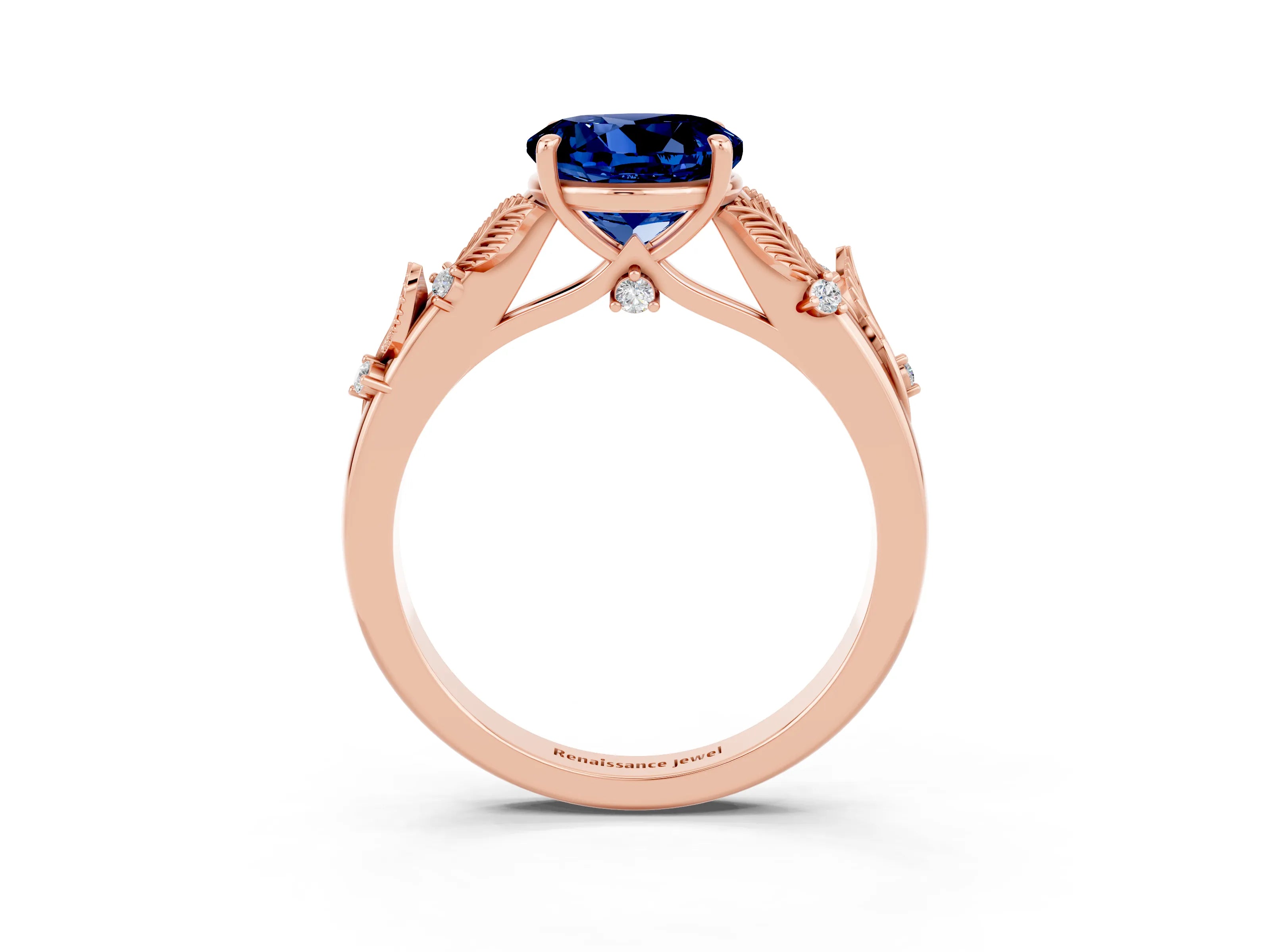 Rose gold Round Cut Blue Sapphire Solitaire Ring with Leaf Motif Band and Four-Prong Setting_3