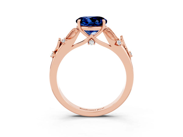 Rose gold Round Cut Blue Sapphire Solitaire Ring with Leaf Motif Band and Four-Prong Setting