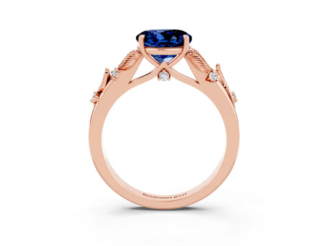 Rose gold Round Cut Blue Sapphire Solitaire Ring with Leaf Motif Band and Four-Prong Setting_3