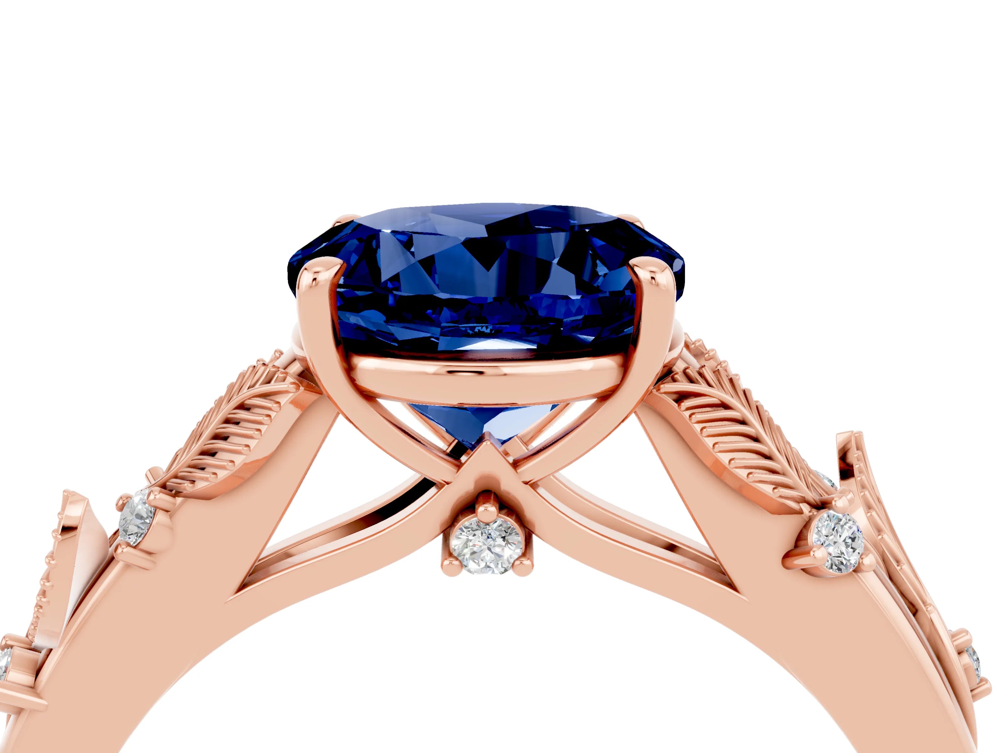 Rose gold Round Cut Blue Sapphire Solitaire Ring with Leaf Motif Band and Four-Prong Setting_4