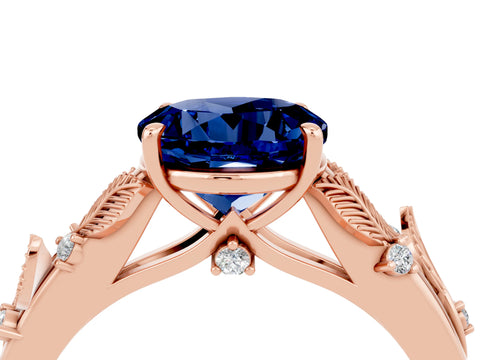 Rose gold Round Cut Blue Sapphire Solitaire Ring with Leaf Motif Band and Four-Prong Setting_4