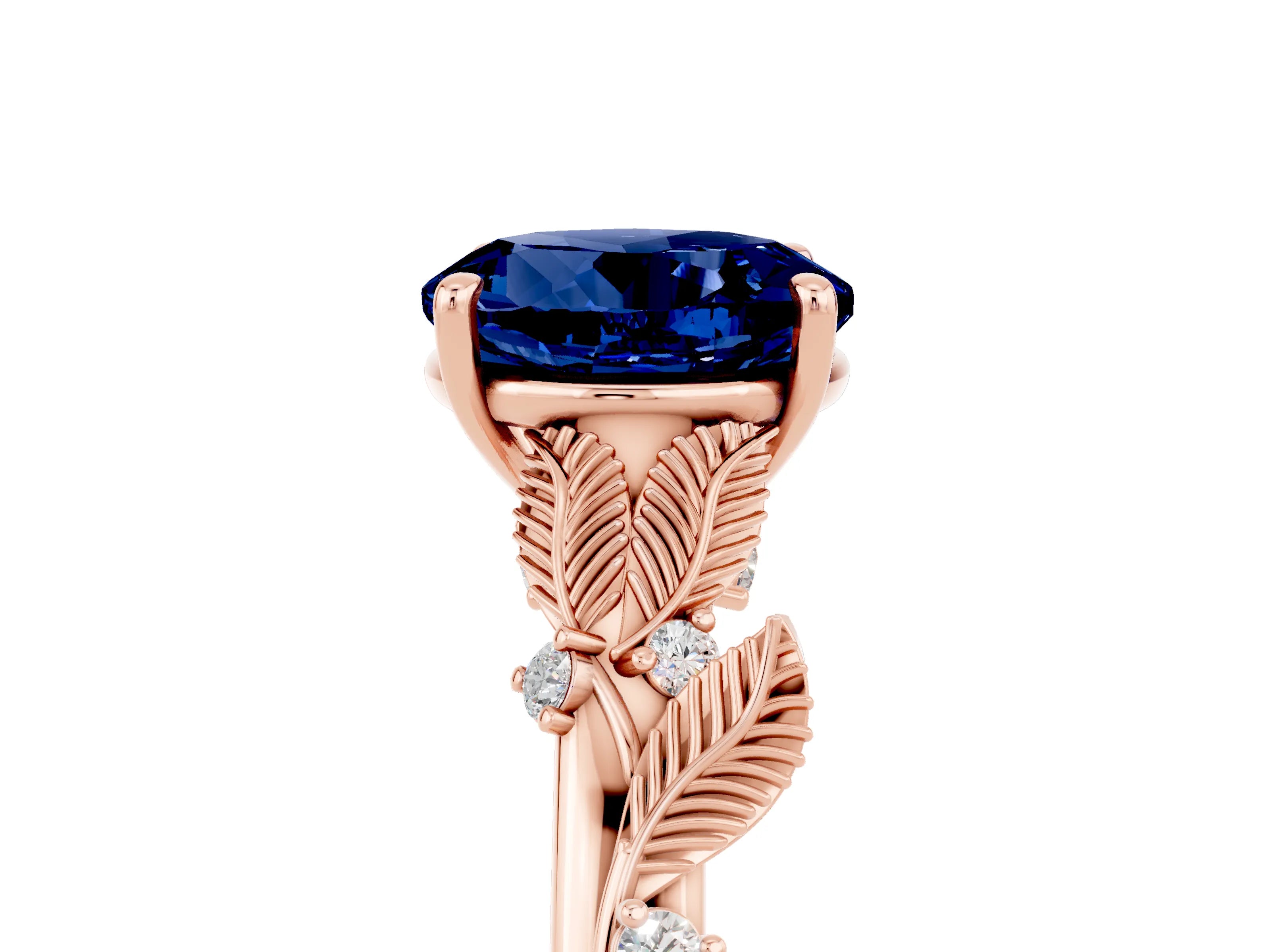 Rose gold Round Cut Blue Sapphire Solitaire Ring with Leaf Motif Band and Four-Prong Setting_5