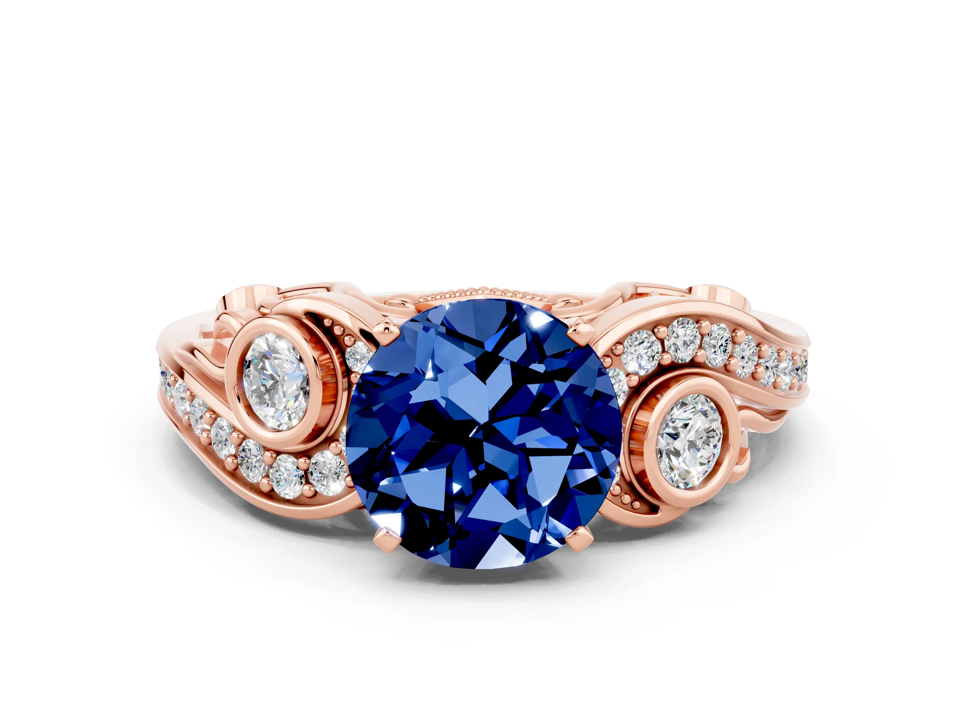Rose gold Round Cut Blue Sapphire Solitaire Ring with Milgrain Pavé Band and Four-Prong Setting_24