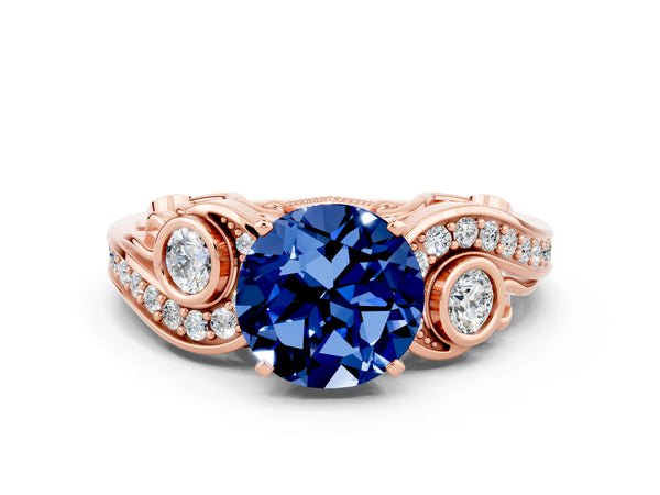 Rose gold Round Cut Blue Sapphire Solitaire Ring with Milgrain Pavé Band and Four-Prong Setting