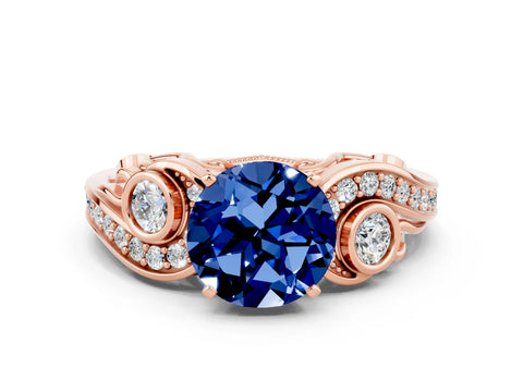 Rose gold Round Cut Blue Sapphire Solitaire Ring with Milgrain Pavé Band and Four-Prong Setting_24