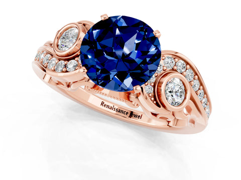 Rose gold Round Cut Blue Sapphire Solitaire Ring with Milgrain Pavé Band and Four-Prong Setting_25