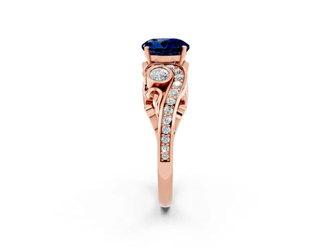 Rose gold Round Cut Blue Sapphire Solitaire Ring with Milgrain Pavé Band and Four-Prong Setting_26