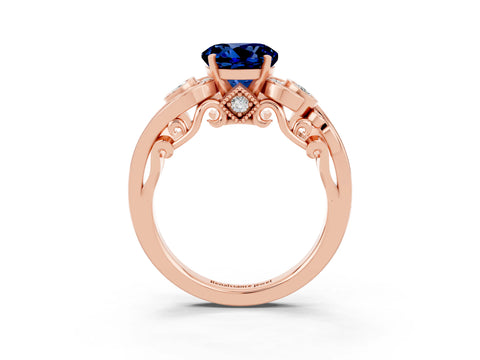 Rose gold Round Cut Blue Sapphire Solitaire Ring with Milgrain Pavé Band and Four-Prong Setting_27