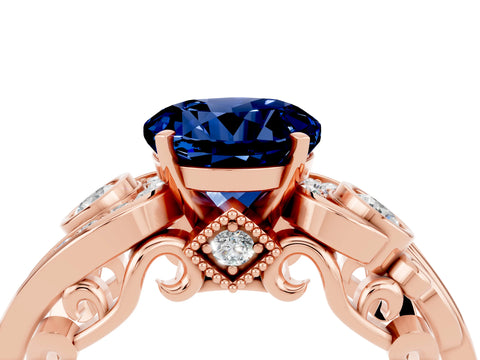 Rose gold Round Cut Blue Sapphire Solitaire Ring with Milgrain Pavé Band and Four-Prong Setting_28