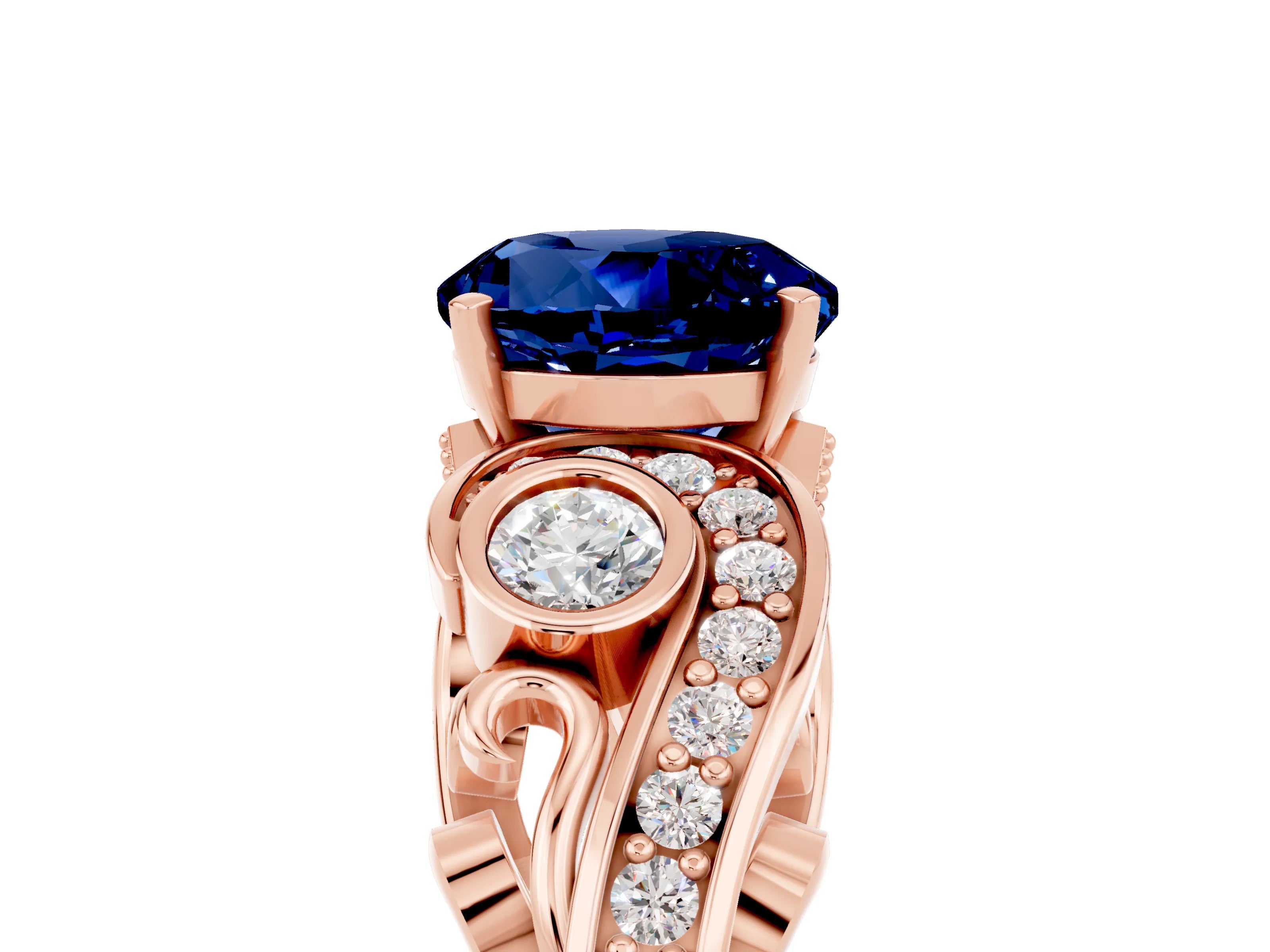 Rose gold Round Cut Blue Sapphire Solitaire Ring with Milgrain Pavé Band and Four-Prong Setting_29