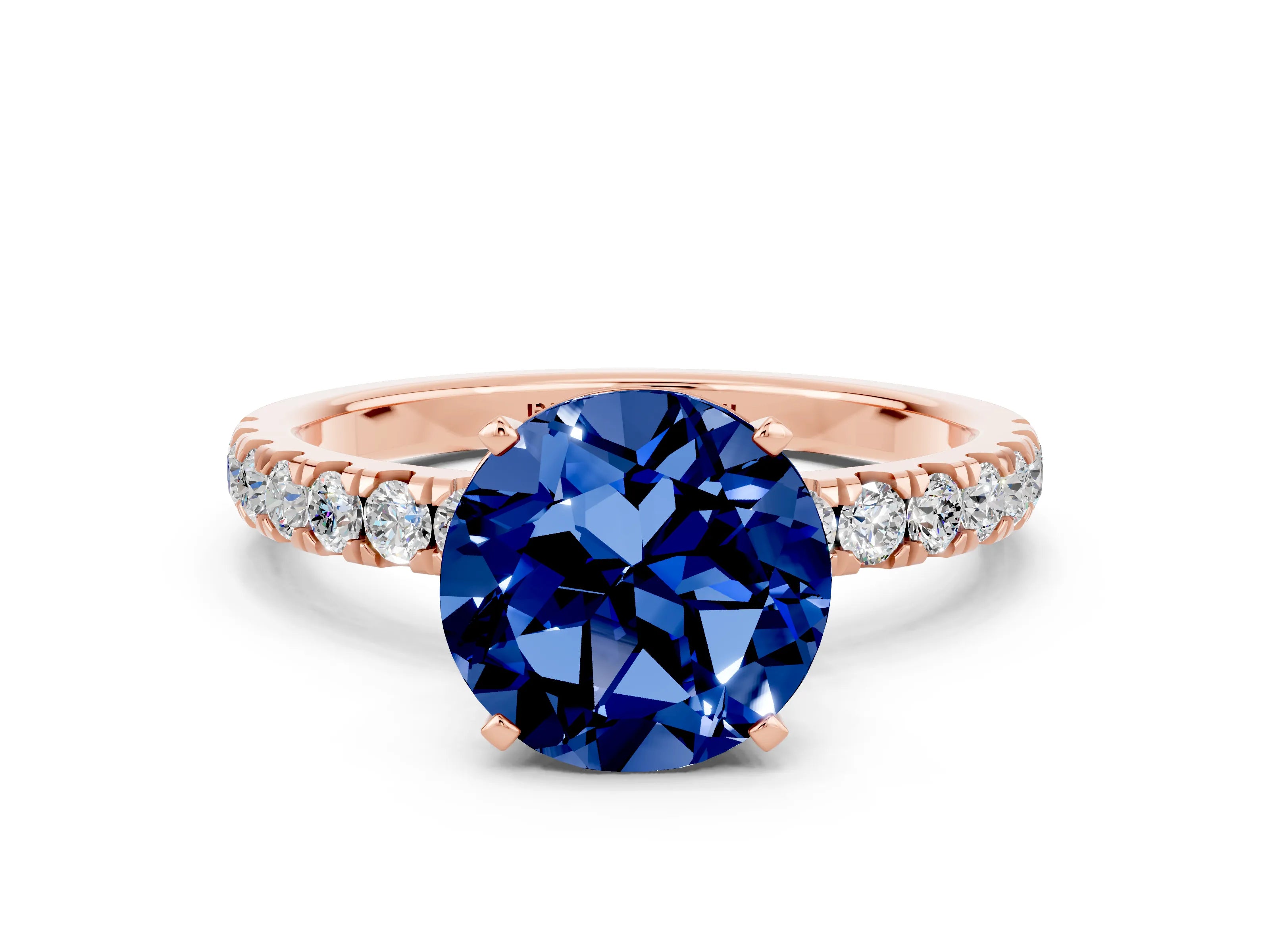 Rose gold Round Cut Blue Sapphire Solitaire Ring with Pavé Accents and Four-Prong Setting