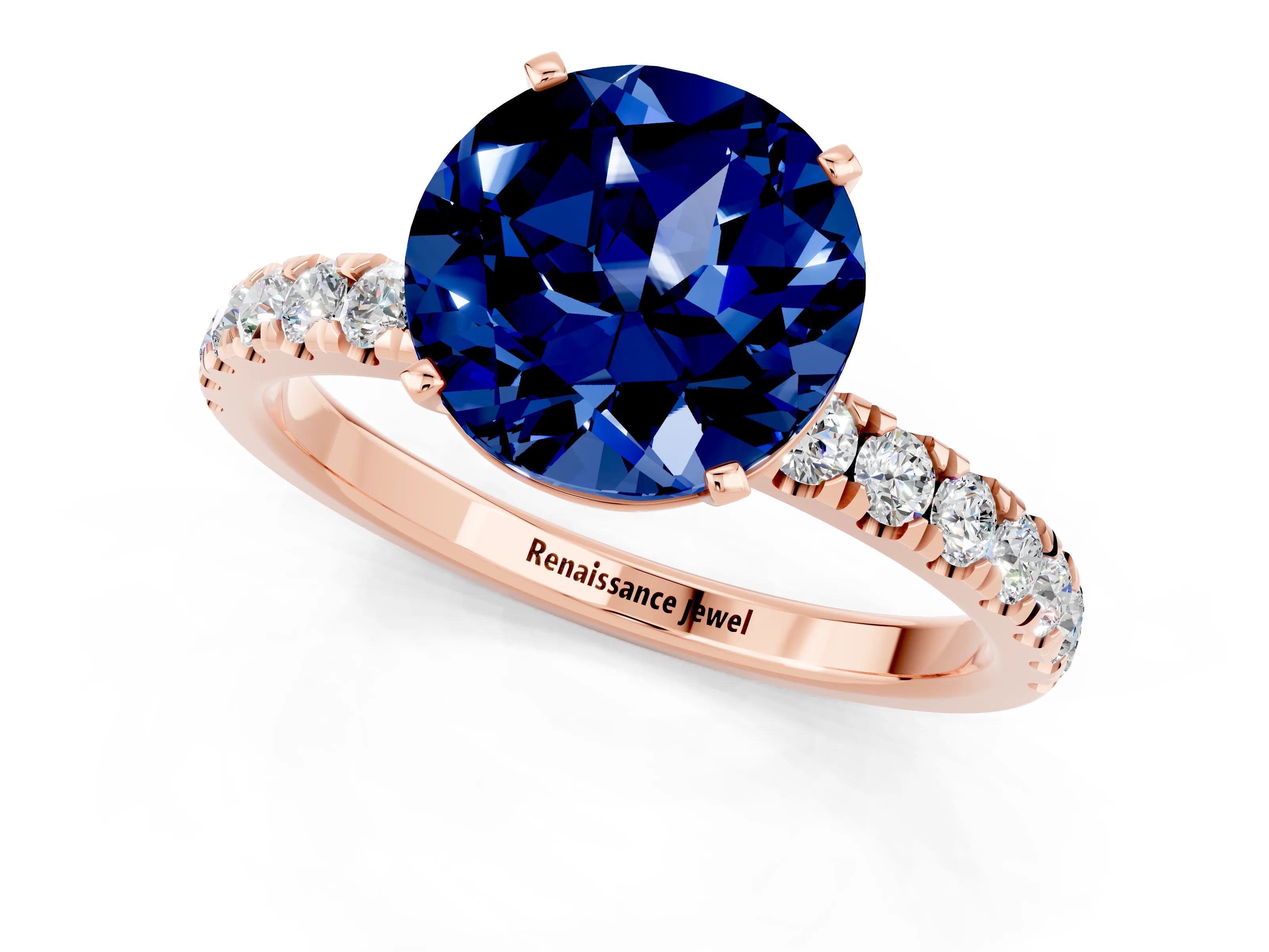 Rose gold Round Cut Blue Sapphire Solitaire Ring with Pavé Accents and Four-Prong Setting_1