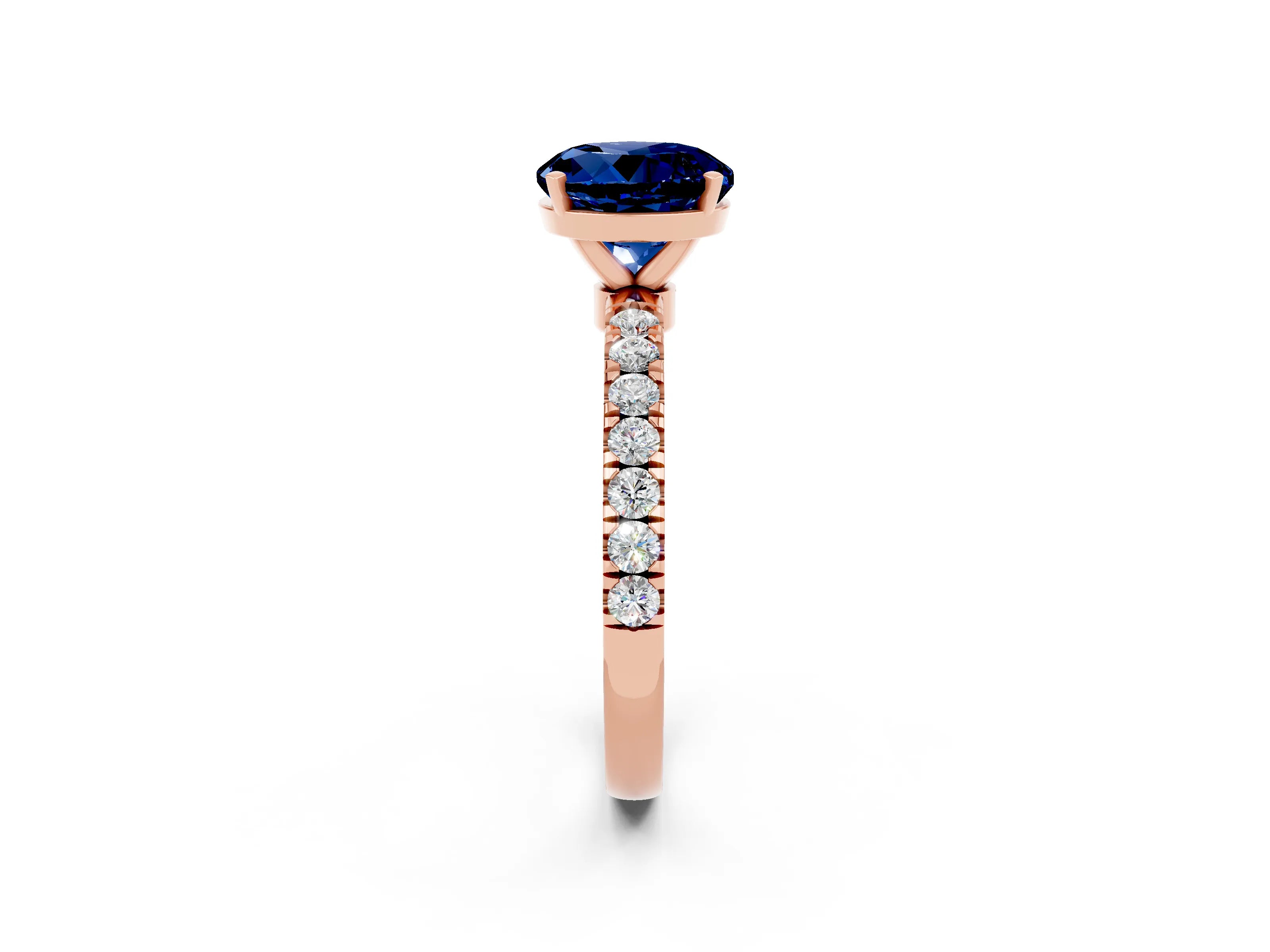 Rose gold Round Cut Blue Sapphire Solitaire Ring with Pavé Accents and Four-Prong Setting_2