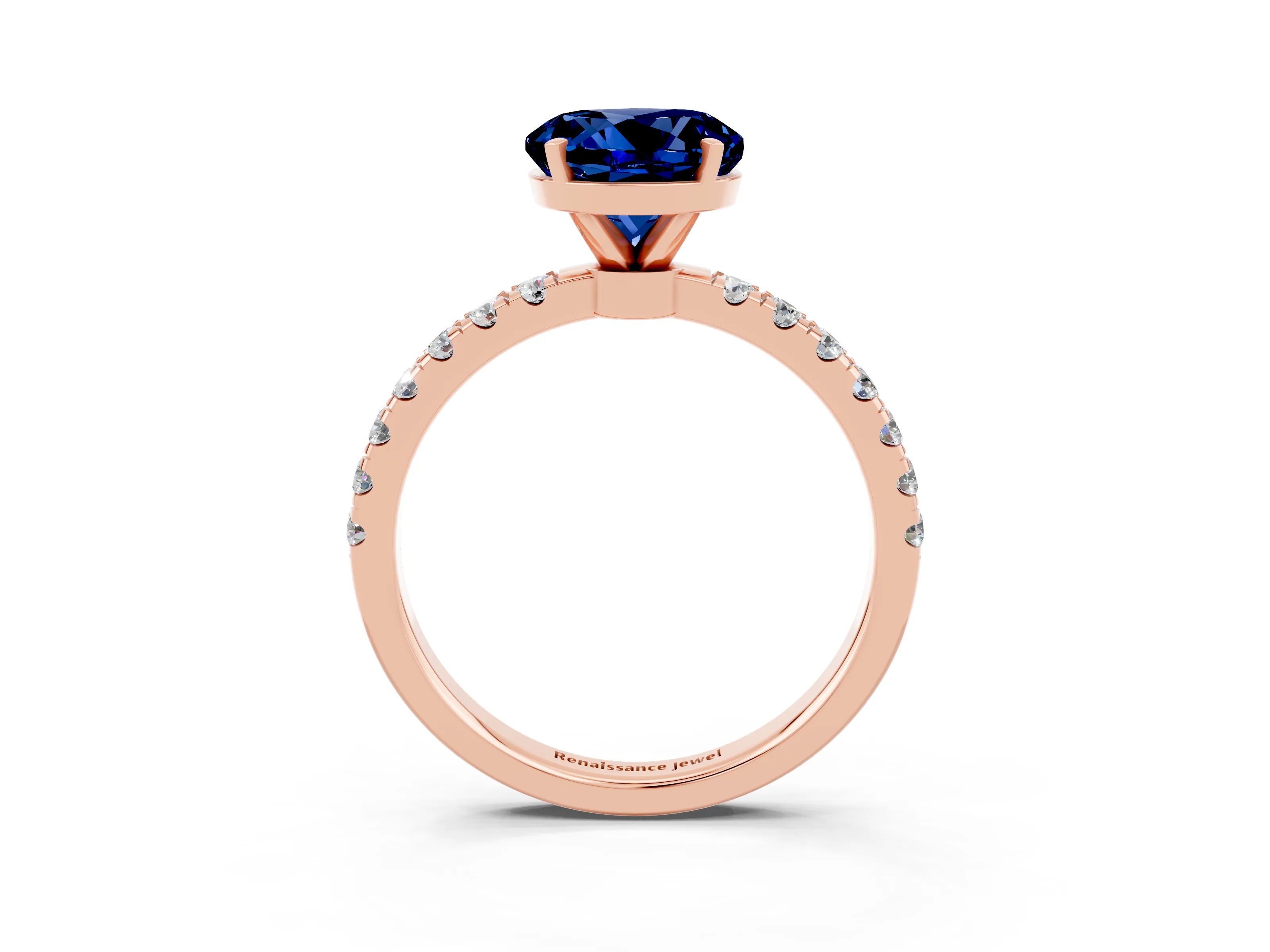 Rose gold Round Cut Blue Sapphire Solitaire Ring with Pavé Accents and Four-Prong Setting_3