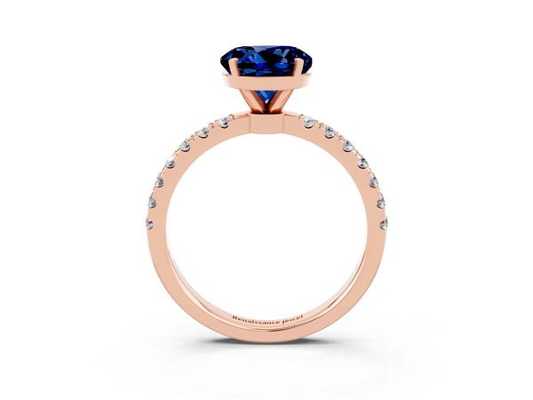 Rose gold Round Cut Blue Sapphire Solitaire Ring with Pavé Accents and Four-Prong Setting