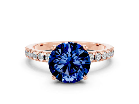 Rose gold Round Cut Blue Sapphire Solitaire Ring with Pavé Band and Four-Prong Setting_24