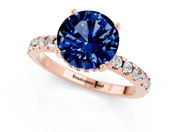 Rose gold Round Cut Blue Sapphire Solitaire Ring with Round  Pavé Band and Four-Prong Setting