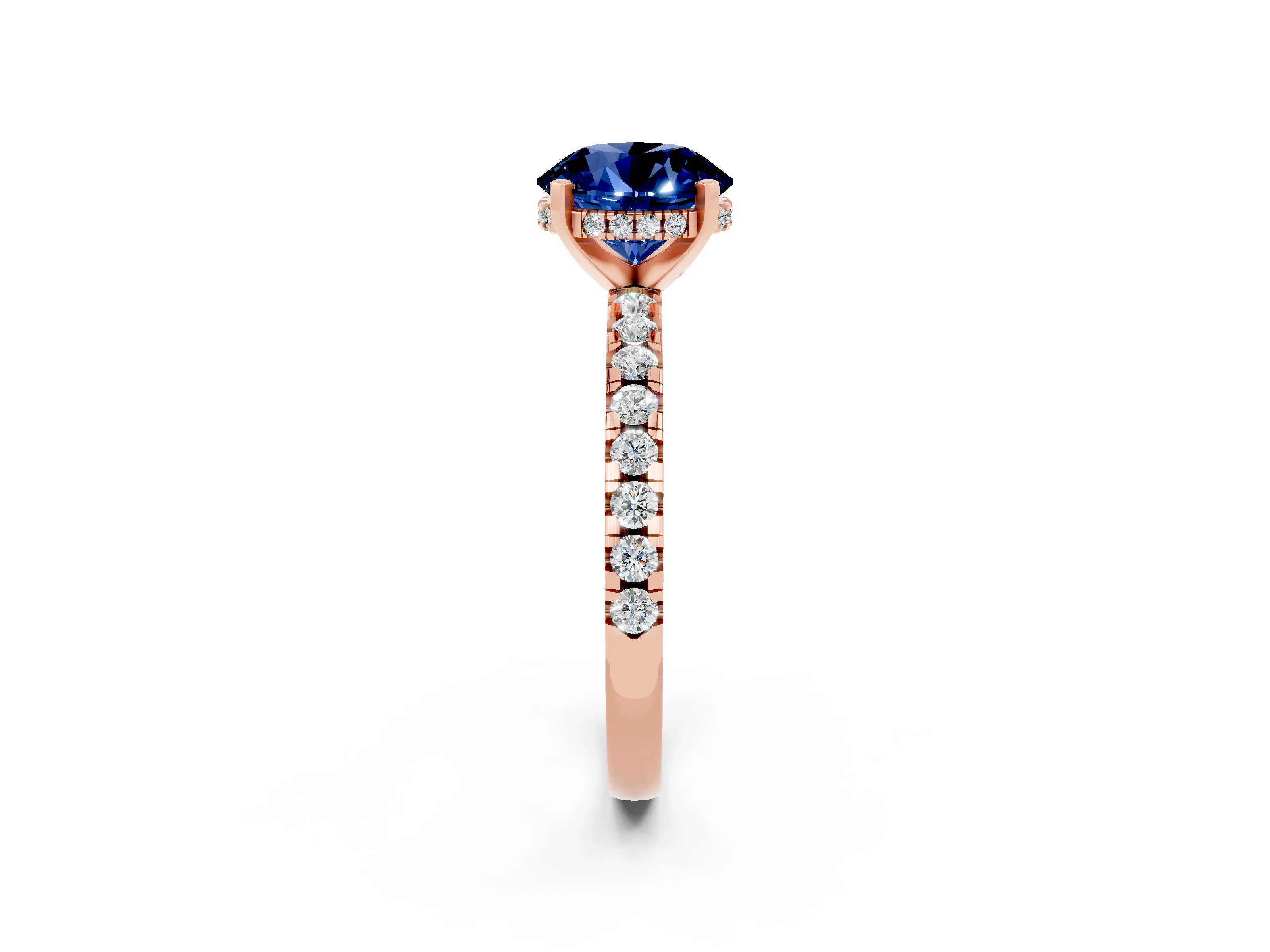 Rose gold Round Cut Blue Sapphire Solitaire Ring with Pavé Band and Four-Prong Setting_26