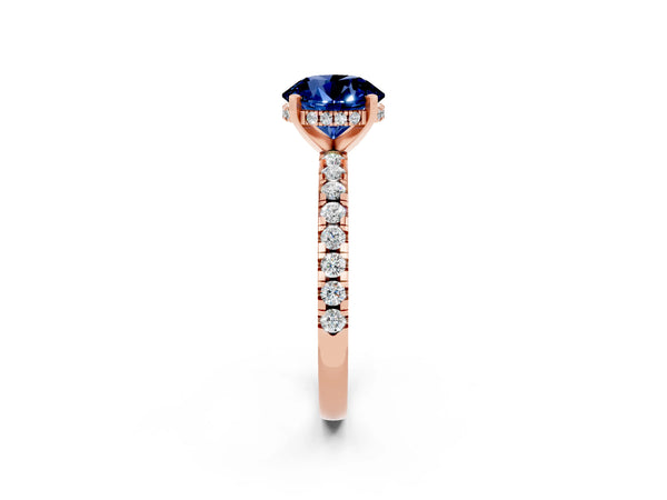 Rose gold Round Cut Blue Sapphire Solitaire Ring with Round  Pavé Band and Four-Prong Setting