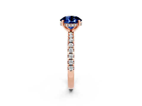 Rose gold Round Cut Blue Sapphire Solitaire Ring with Pavé Band and Four-Prong Setting_26