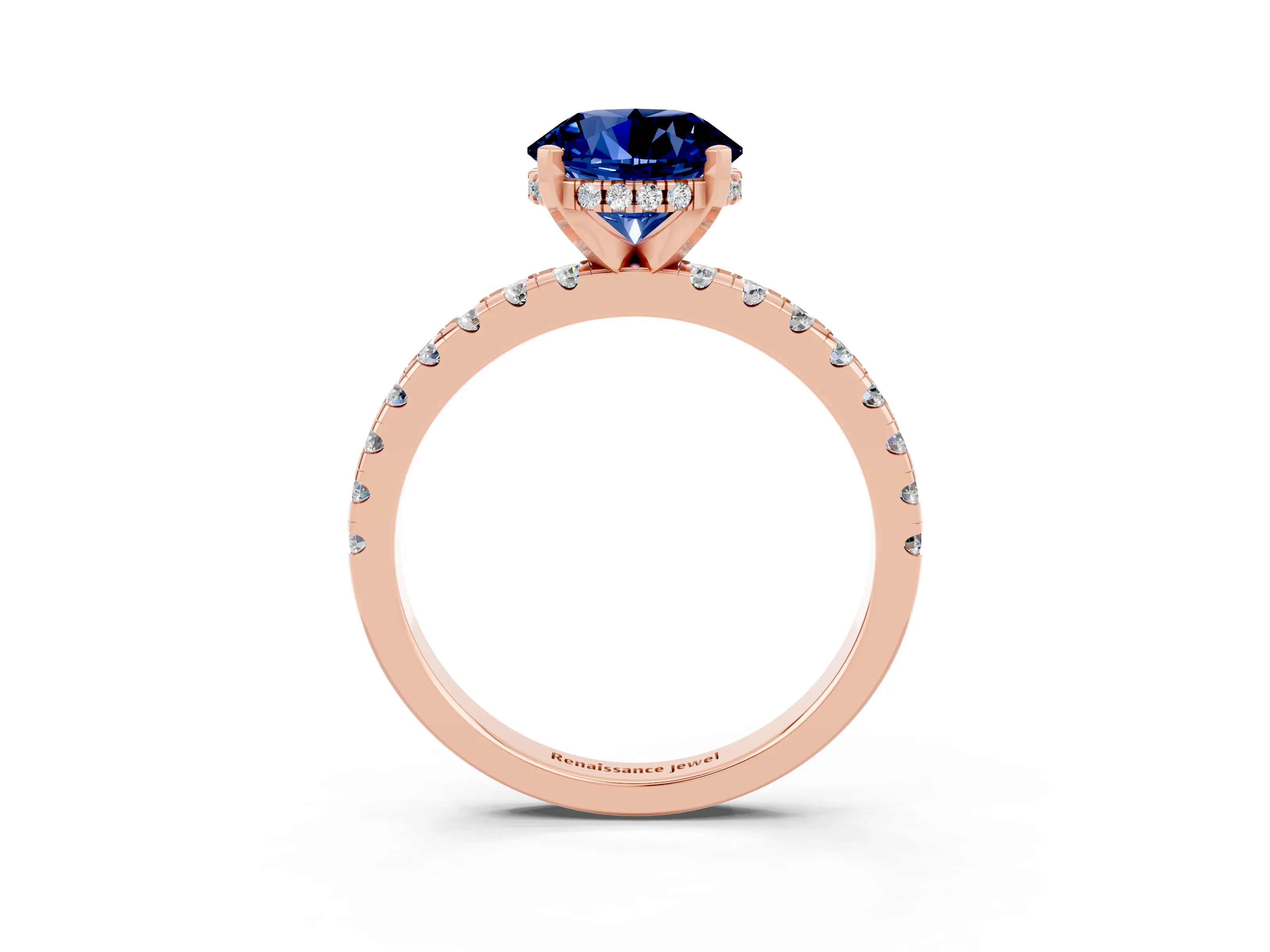 Rose gold Round Cut Blue Sapphire Solitaire Ring with Pavé Band and Four-Prong Setting_27