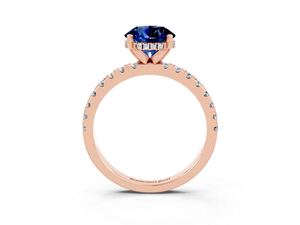 Rose gold Round Cut Blue Sapphire Solitaire Ring with Round  Pavé Band and Four-Prong Setting