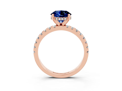 Rose gold Round Cut Blue Sapphire Solitaire Ring with Pavé Band and Four-Prong Setting_27