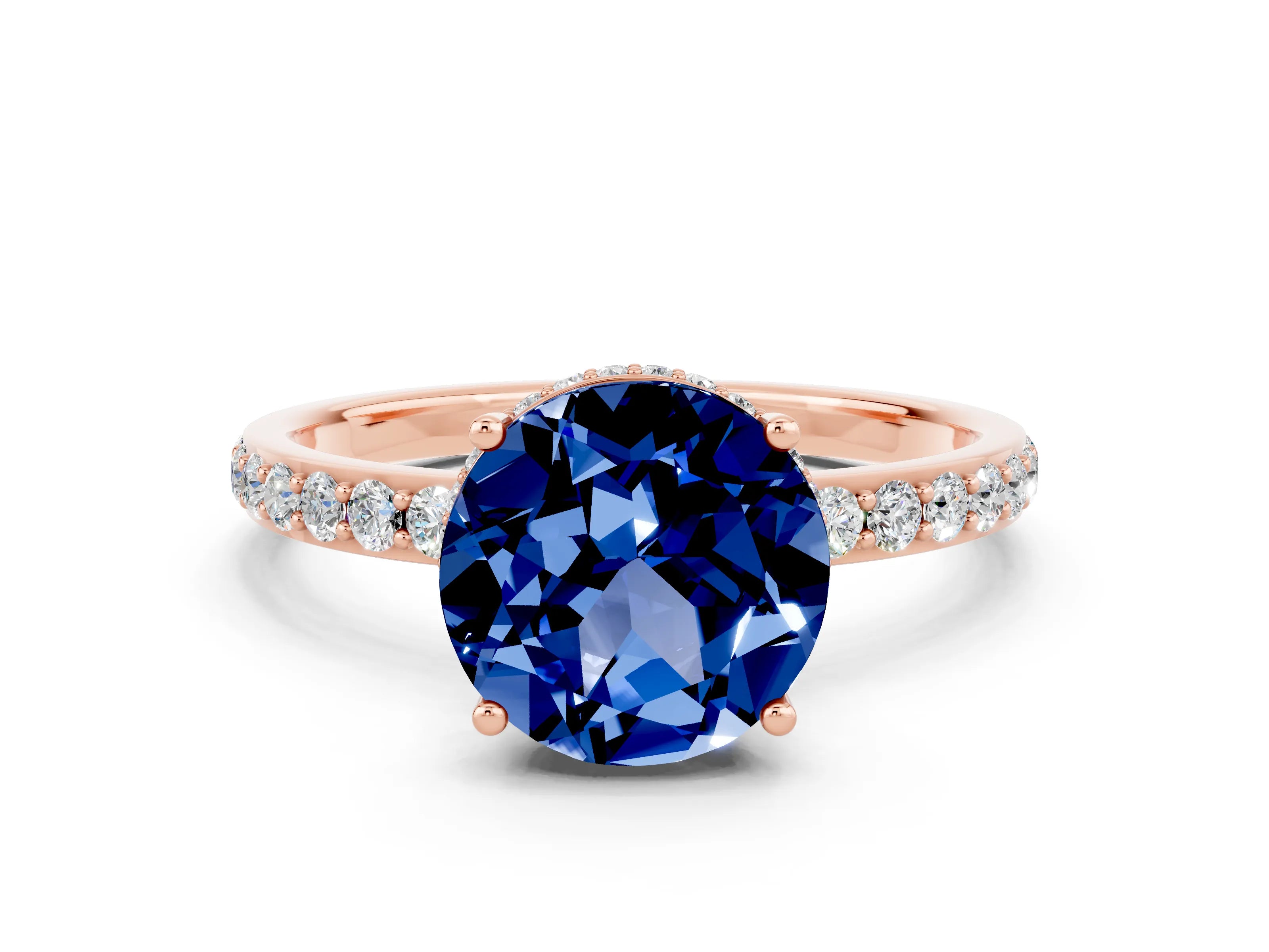 Rose gold Round Cut Blue Sapphire Solitaire Ring with Pavé Band and Hidden Halo_12