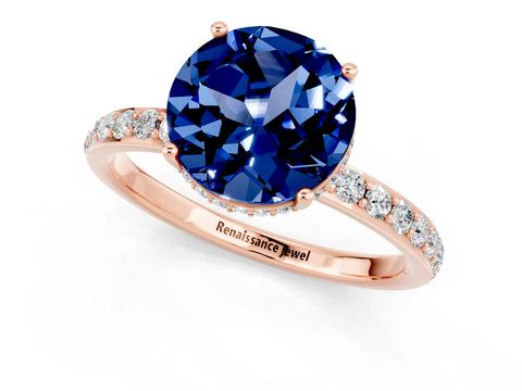 Rose gold Round Cut Blue Sapphire Solitaire Ring with Pavé Band and Hidden Halo_13