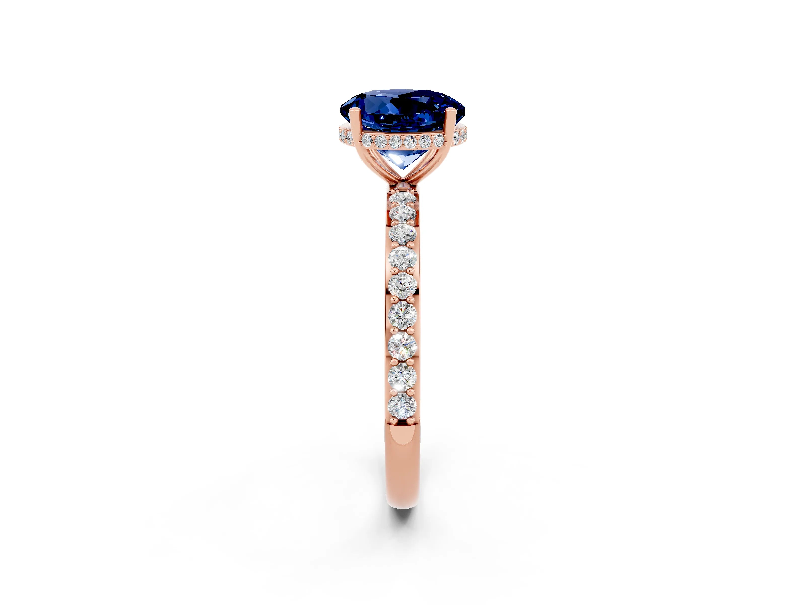 Rose gold Round Cut Blue Sapphire Solitaire Ring with Pavé Band and Hidden Halo_14