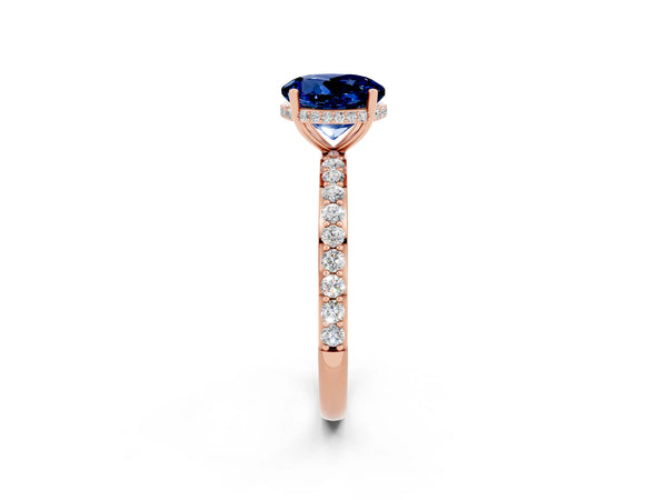 Rose gold Round Cut Blue Sapphire Solitaire Ring with Pavé Band and Hidden Halo