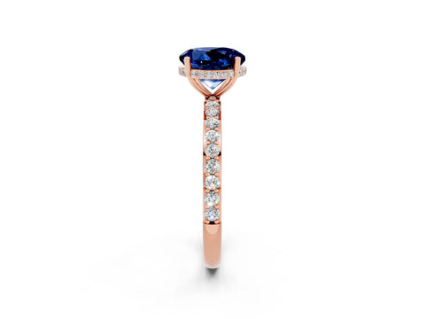 Rose gold Round Cut Blue Sapphire Solitaire Ring with Pavé Band and Hidden Halo_14
